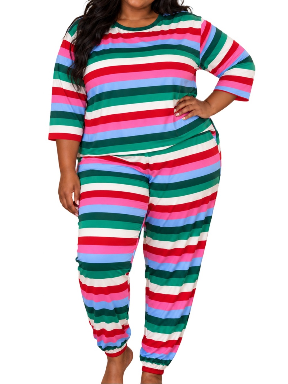 Joyspun Women’s 2X Holiday Striped 3/4 Sleeve Pajama Jogger Set